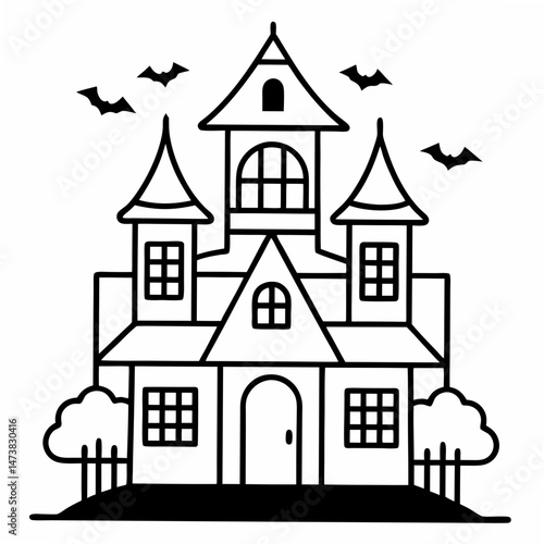 Haunted House Outline Illustration for Halloween and Spooky-Themed Coloring Book Pages