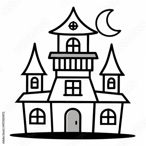 Haunted House Outline Illustration for Halloween and Spooky-Themed Coloring Book Pages