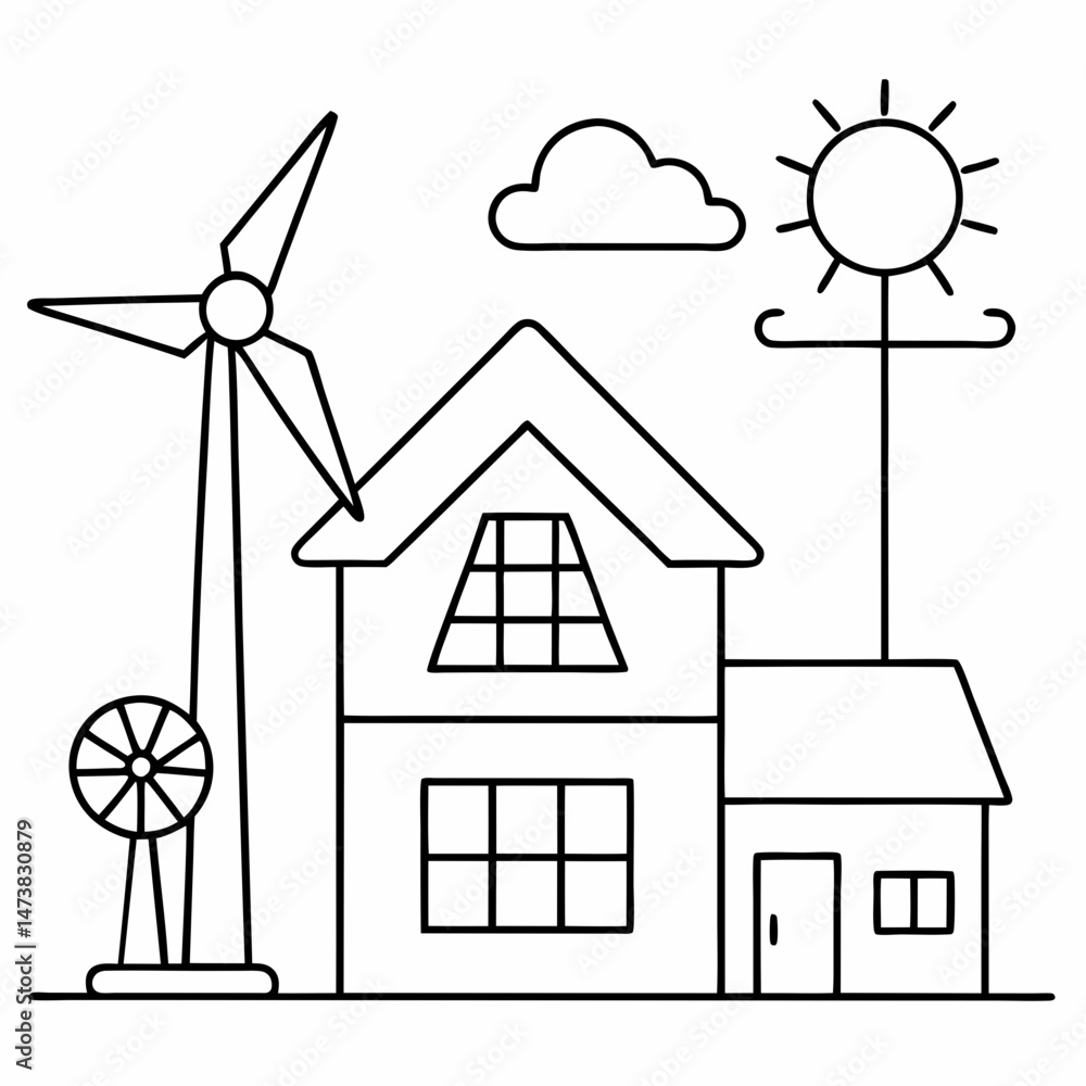Obraz premium House with Solar Panels and Wind Turbines Outline Illustration for Eco-Energy and Sustainability Coloring Book Pages