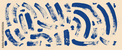Acrylic blue paint wavy brush stroke lines. Hand drawn vector retro squiggles. Brush vintage linear doodles set of elements isolated on beige background. Thick grunge style curved stripes.