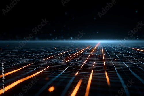 Futuristic virtual reality grid with glowing lines and depth.