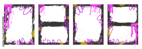 Urban grunge spray background double frames set. Text boxes border graffiti template with airbrush lines stroke and splodgs. Ink and paint decor for photo. Vector callouts tag illustration.