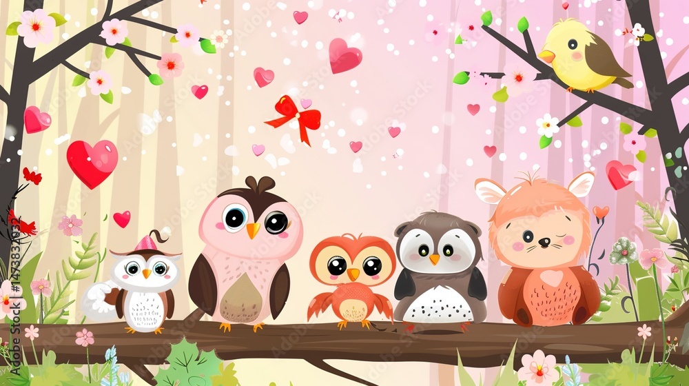 Fototapeta premium Cute Background Pictures of Cartoon Small Animals for Valentine's Day: Playful, Romantic, and Visually Appealing for Love Celebrations