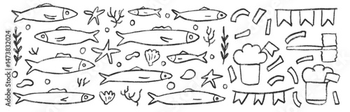 Fishes line doodle set. Sardines hand drawn scribble School of fish in the sea. Vector monochrome nautical illustration by pencil isolated on white background. Crayon or chalk naive underwater life.