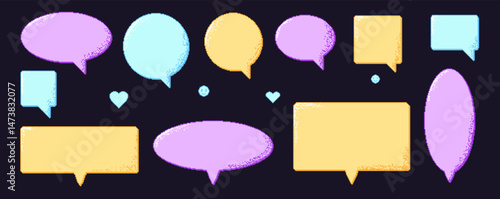Pixel art speech bubbles. 8 bit colorful text boxes set. Rectangle and round chat frames with dither. Dialogue borders icons in retro 90s style. Digital callouts message borders. Vector illustration.