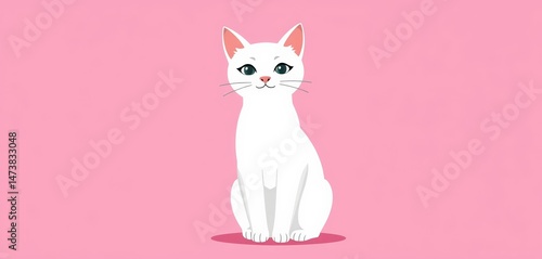 A minimalist illustration of a white cat with simple features on a solid pink background, graphics, cute illustration