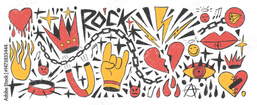 Rock and roll girly crayon drawn set. Punk coquette breaking heart doodle background. Scribble grunge poster elements. Broken heart, crown and sketch stars. Vector illustration by pencil isolated.