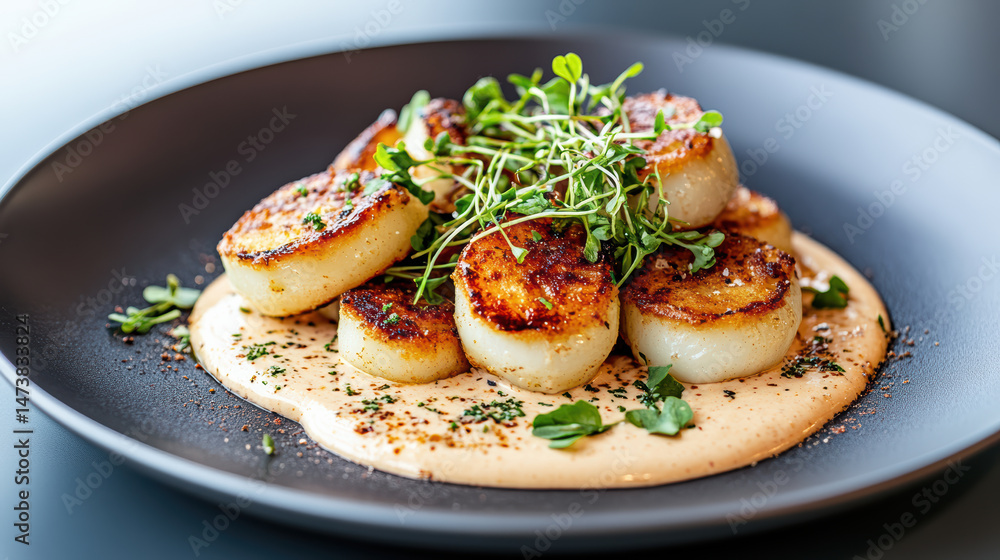 Seared scallops on creamy sauce with microgreens, showcasing gourmet dish Seared scallops on creamy sauce with microgreens, showcasing gourmet dish