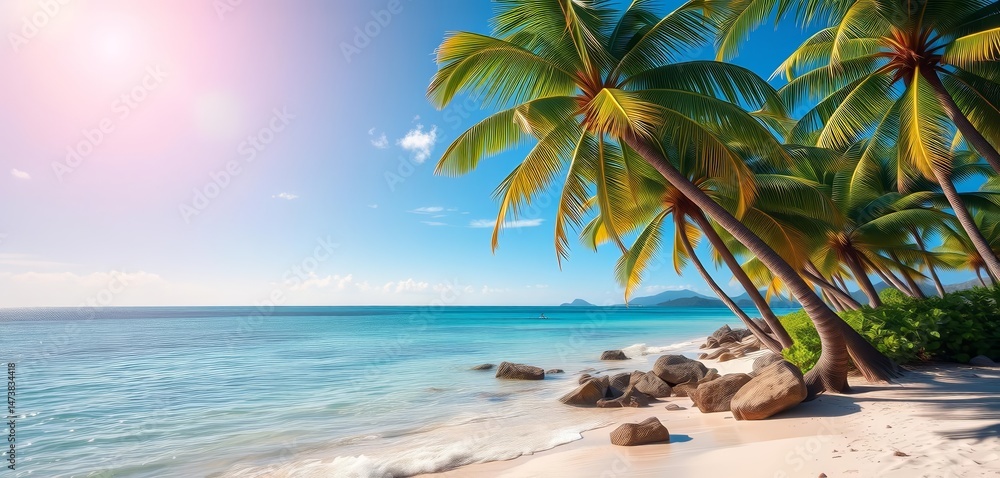 Naklejka premium Tropical beach scene with vibrant colors, palm trees, and clear water, travel, relaxation