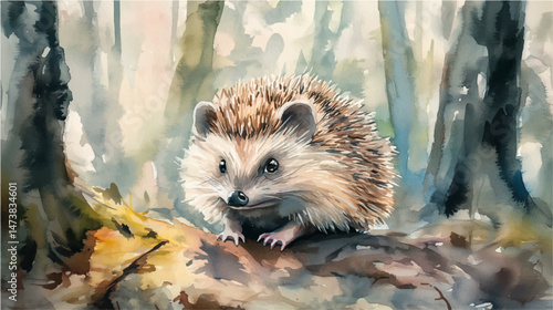 Vector illustration, watercolor paint of a cute hedgehog in the forest.