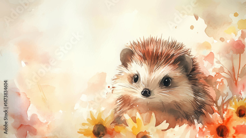 Vector illustration, watercolor paint of a cute hedgehog in the forest.