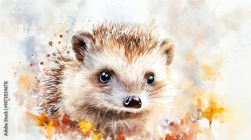 Vector illustration, watercolor paint of a cute hedgehog in the forest.