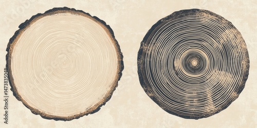 Two Circular Wood Cross Sections with Contrasting Grain Patterns
