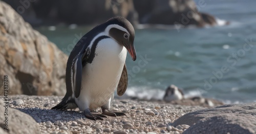 Humboldt penguin preening its feathers on a rocky beach ,  wildlife,  nature