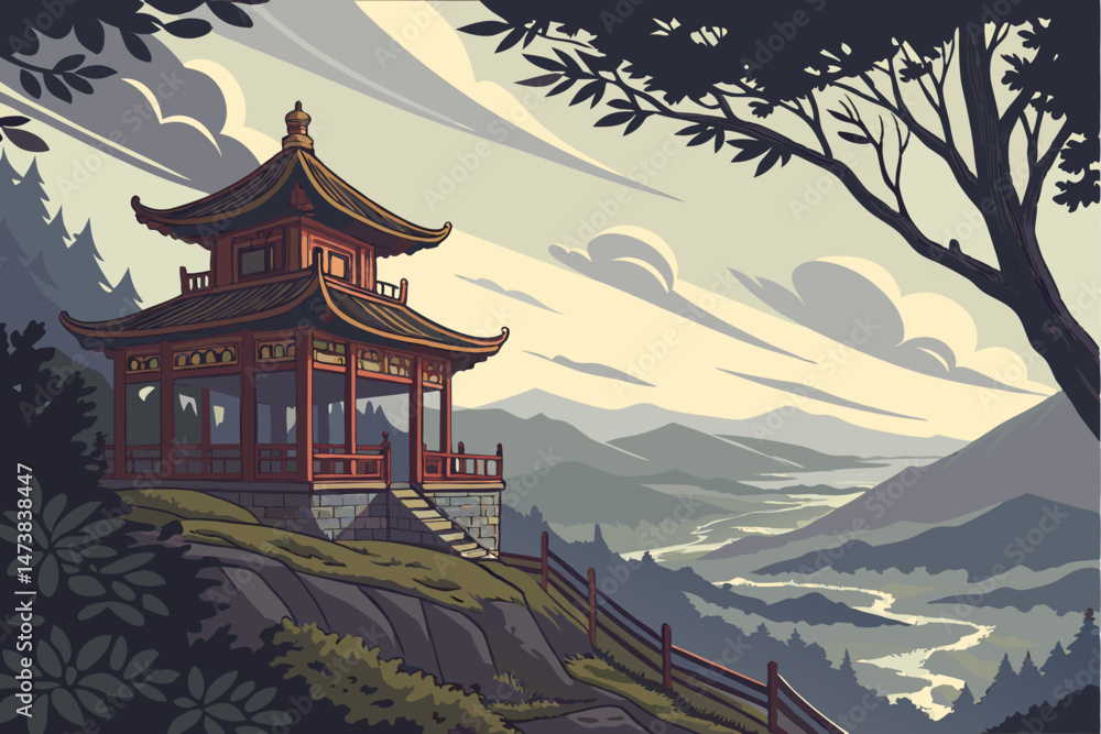 Fototapeta premium 89 ornate oriental pagoda on cliffside overlooking valley and mountains, dramatic cloudy sky, lush foliage, highly detailed, cinematic lighting, mystical atmosphere, award winning landscape photograph