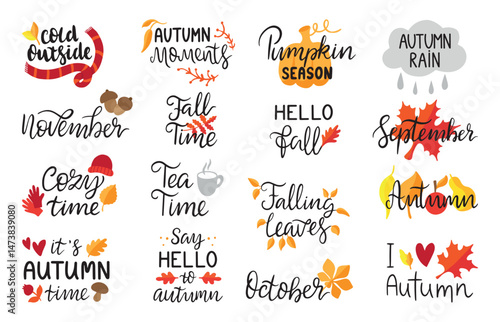 Fall season lettering. Autumn calligraphy and typography handwritten design. Isolated seasonal quotes, november, september, tea time, neoteric vector set