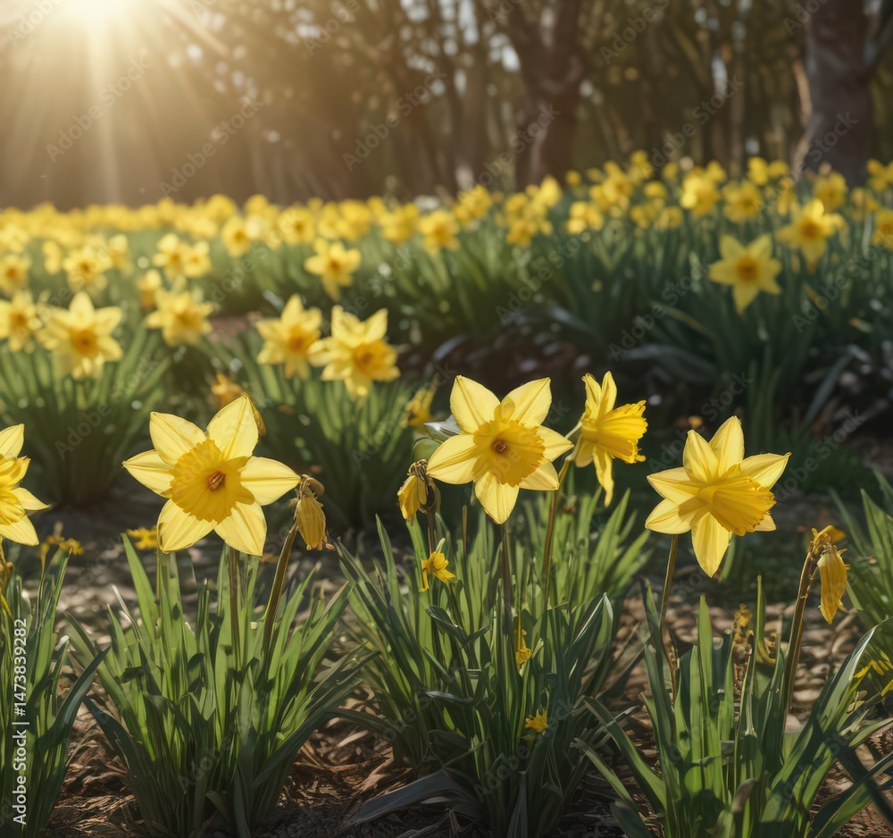Obraz premium Sunlit field of cheerful daffodils swaying gently, yellow, green, day