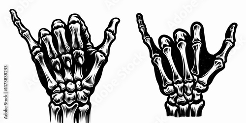 a single one Skeleton Hand Shaka Sign gesture isolated on white background. halloween Silhouette Vector Clipart. Unique bony digit aloha symbol detached pure backdrop cut-out.