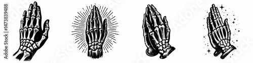 a single one Skeleton Hand Prayer Hands gesture isolated on white background. halloween Silhouette Vector Clipart. Bony finger joined worship alone cutout backdrop skeletal manual digit.