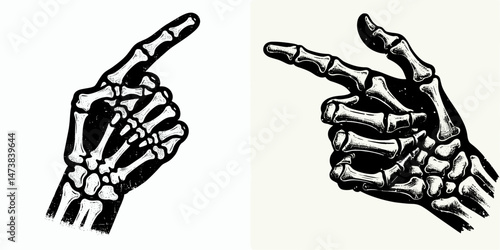 a single one Skeleton Hand Pointing gesture isolated on white background. halloween Silhouette Vector Clipart. Boney arm indicating finger direction blank backdrop macabre theme.