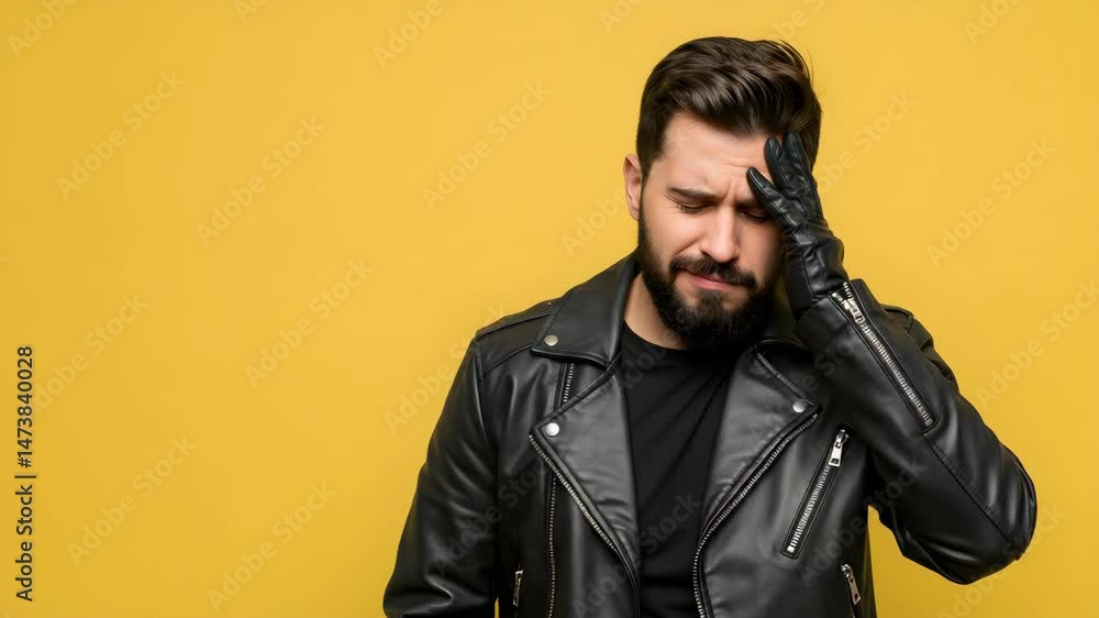 Showing Frustration Putting Hand to Head in Leather Jacket Studio Shot Showing Frustration Putting Hand to Head in Leather Jacket Studio Shot