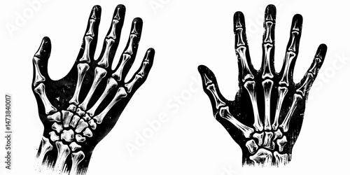 a single one Skeleton Hand Open Palm gesture isolated on white background. halloween Silhouette Vector Clipart. Bony phalange bare display spectral limb spread against blank backdrop.