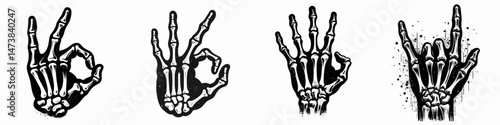 a single one Skeleton Hand Italian gesture isolated on white background. halloween Silhouette Vector Clipart. Solitary bony palm motion plain backdrop anatomical concept.