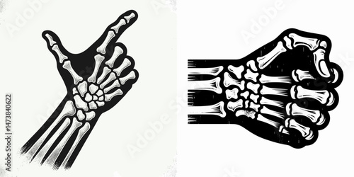 a single one Skeleton Hand Fist Bump gesture isolated on white background. halloween Silhouette Vector Clipart. Lone bony metacarpal knock upon clean chroma key backdrop image.