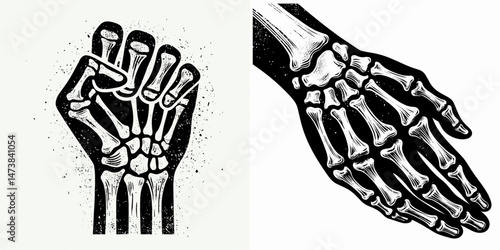 a single one Skeleton Hand Clenched Fist gesture isolated on white background. halloween Silhouette Vector Clipart. Bony digit clutched glyph skeletal grip art plain ivory backdrop.