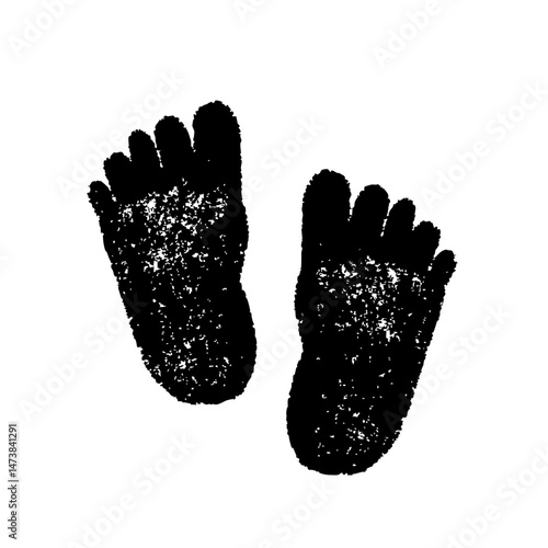 足跡のインクスタンプ・リアルな足の裏のシルエット（白背景）