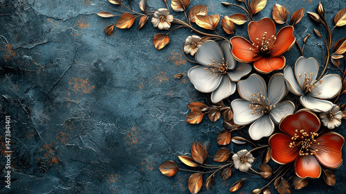 Realistic 4K 3D floral designs against a textured background of deep blue and gold create an elegant, richly detailed, and visually stunning composition.