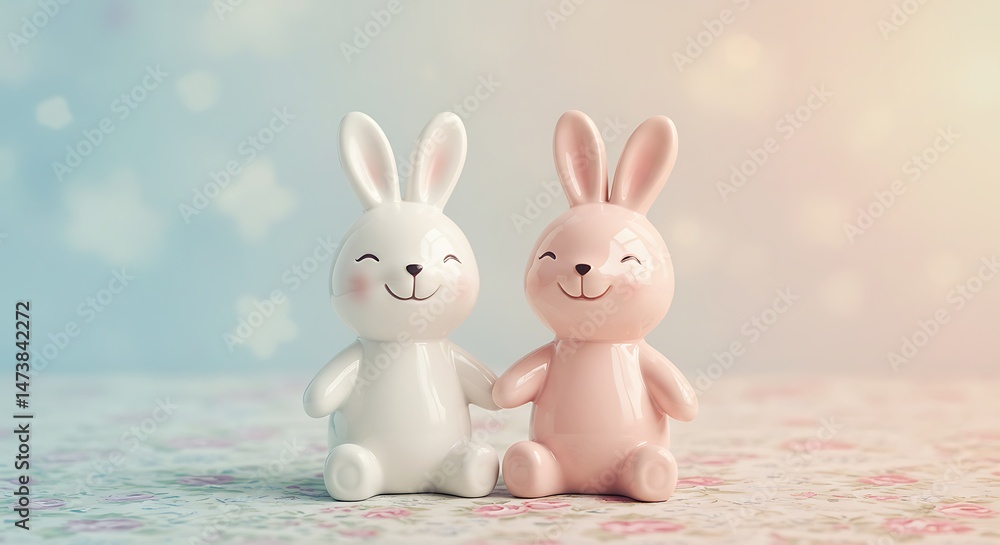Obraz premium Two cute bunny figurines holding hands on a pastel background