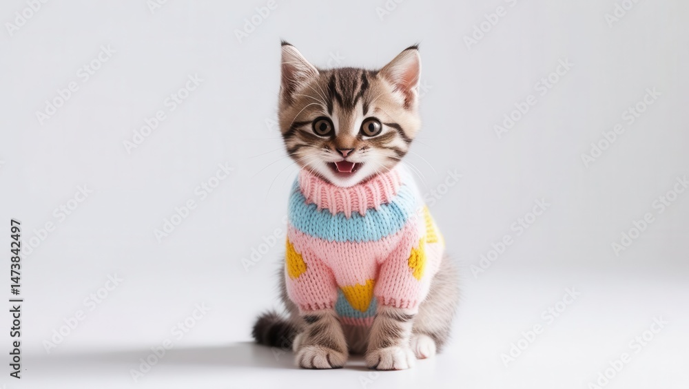 Naklejka premium Adorable kitten wearing sweater posing indoors cute photography in bright environment