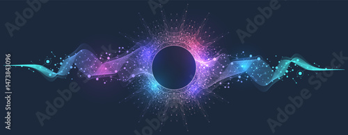 Music Poster For Electronic Festival With Fractal Dotted Lines And Waves. Party Flyer Cover Design Concept Of Electro Music Fest. Vector Illustration.
