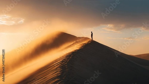 A lone figure climbs a golden sand dune and pauses at the top, gazing into the distance as wind sweeps across the ridge. Minimalist, atmospheric 10-second video.