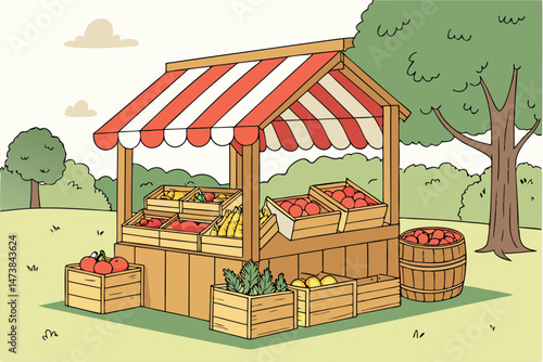 90 a detailed wooden farm stand or outdoor produce stand with a red and white striped awning, displaying a variety of fresh fruits and vegetables in wooden crates and baskets, a rustic and inviting di
