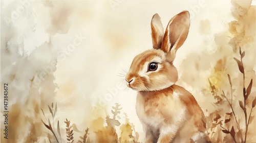 Vector illustration, watercolor paint of a cute bunny rabbit sitting in a field.