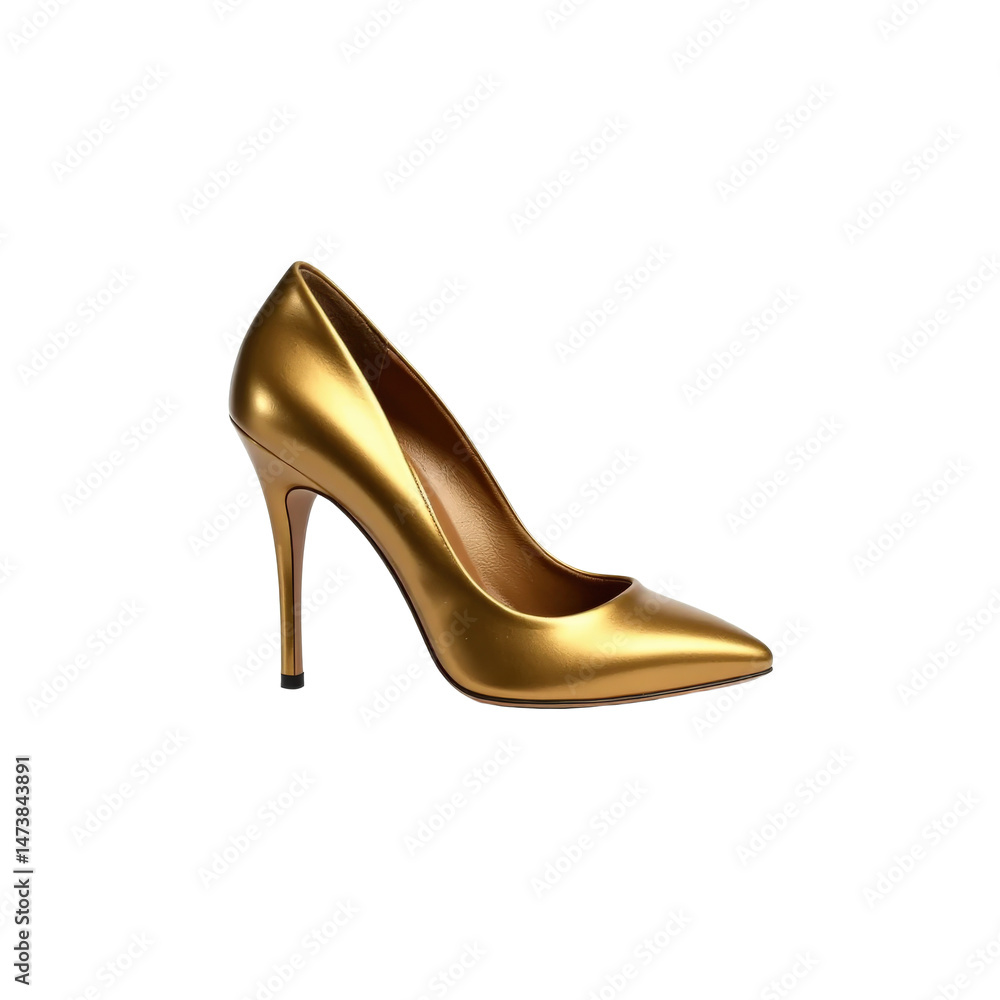 Gold high-heeled shoe with a pointed toe and a stiletto heel. Gold high-heeled shoe with a pointed toe and a stiletto heel.