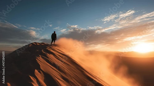 A solitary man walks along the peak of a sand dune at golden hour as wind lifts the sand around him. The sunset casts warm light across the scene. Perfect for travel and nature them