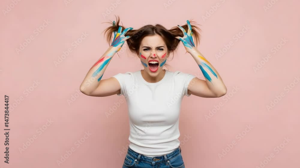 Woman Yelling with Painted Arms and Face Expressing Frustration Woman Yelling with Painted Arms and Face Expressing Frustration