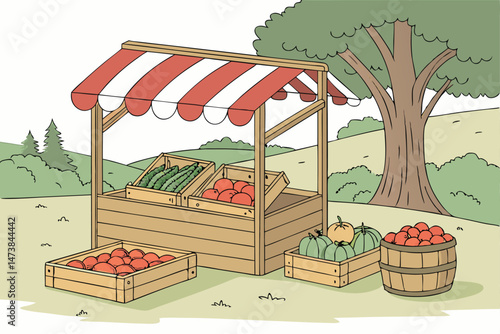 90 a detailed wooden farm stand or outdoor produce stand with a red and white striped awning, displaying a variety of fresh fruits and vegetables in wooden crates and baskets, a rustic and inviting di