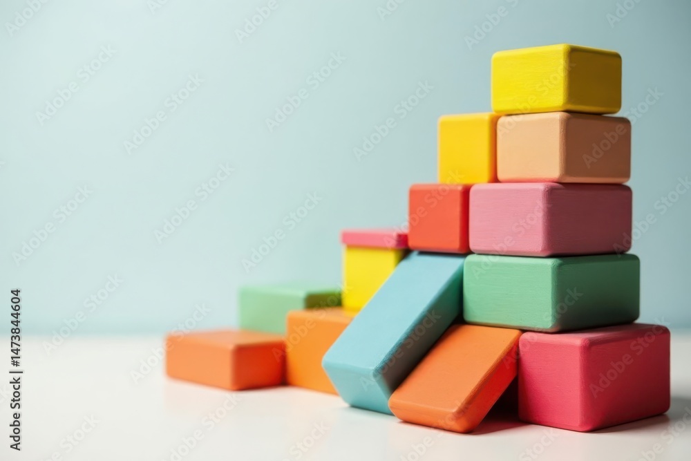 Obraz premium Pastel-colored wooden blocks arranged in a playful, ascending structure, representing concepts of growth, creativity, and building