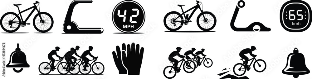 Fototapeta premium Bicycle icon set in bold black silhouette style. 