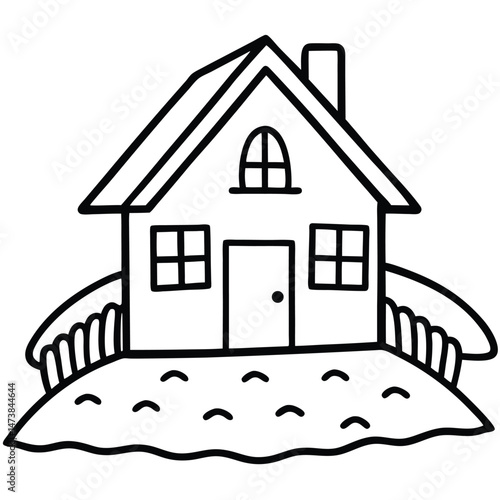 Outlined cartoon vector rural house with triangular roof, windows, and door — set on grass with a picket fence and wavy ground lines. for coloring, design use, kids’ art, and creative projects.