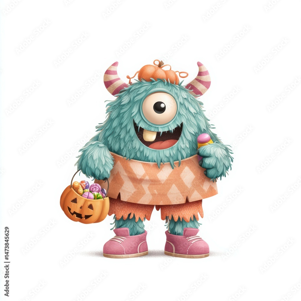 Cute monster dressed for Halloween carrying a pumpkin basket in a playful setting Cute monster dressed for Halloween carrying a pumpkin basket in a playful setting