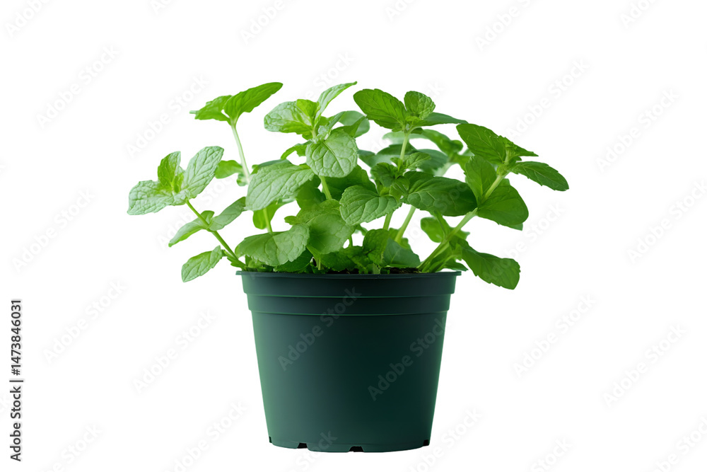Obraz premium Lush green mint plant thriving in a dark green pot, set against a black background. The vibrant foliage is full and healthy