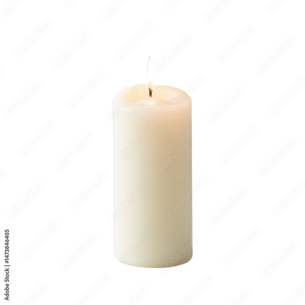 A single, tall, white pillar candle with a lit wick, set against a black background, perfect for use in various decorative and thematic photography projects. A single, tall, white pillar candle with a lit wick, set against a black background, perfect for use in various decorative and thematic photography projects.