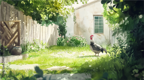 Vector illustration. Watercolor paint of Cockerel in garden chicken house