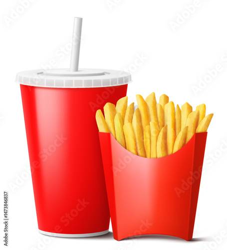 French fries in red paper bag and a drink in a red disposable cup , isolated on white background. takeaway food and drinks, mockup. Realistic 3d vector illustration.
