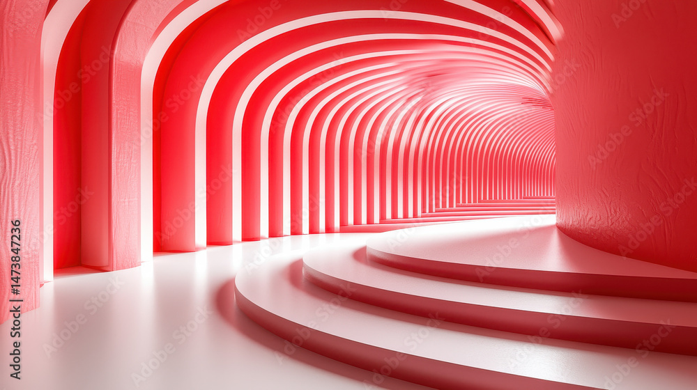 Fototapeta premium A realistic 4K 3D render shows a professional design featu a mesmerizing red and white tunnel perspective background with smooth curves and arches.